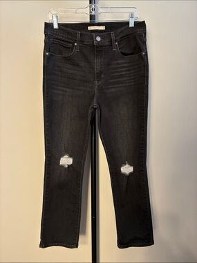 Levi's 724 High Rise Straight Leg Black Stretch Denim Jeans Knee Rips Size 31‎